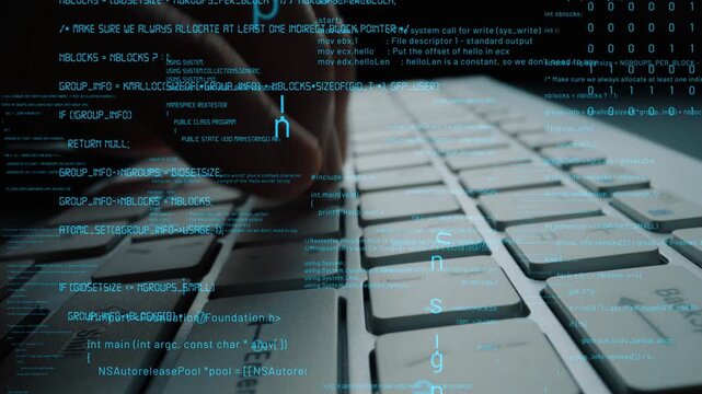 Close-up image of hands on a keyboard, with digital programming code overlays, representing modern software development and high-tech environments. Xenic