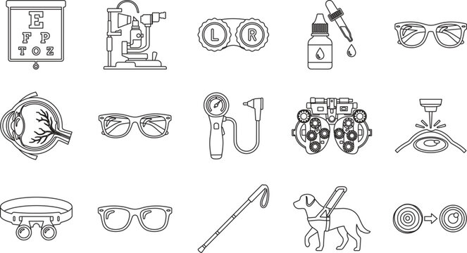 Comprehensive optometry clinic and vision correction line icon set containing snellen chart phoropter laser eye surgery eye drops glasses and guide dog