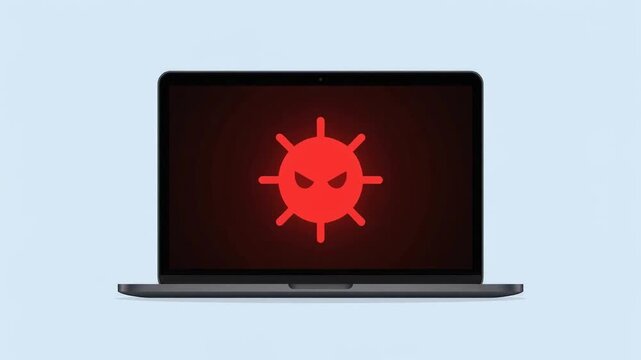 Laptop computer displaying glowing blue security shield icon with checkmark on screen against light background