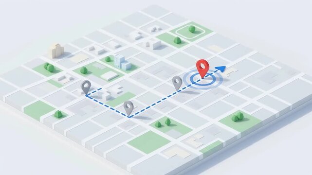 Interactive isometric map tracing route between location pins in white urban grid background