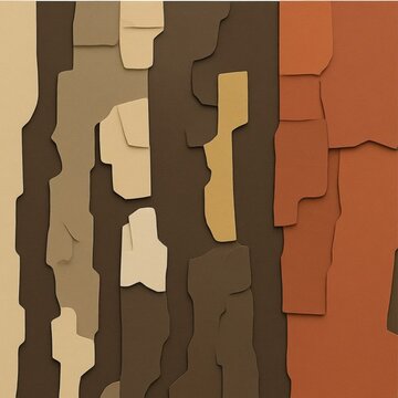 Abstract paper cut background with layered beige, brown, and terracotta earth tone shapes creating 3D textured vertical pattern.