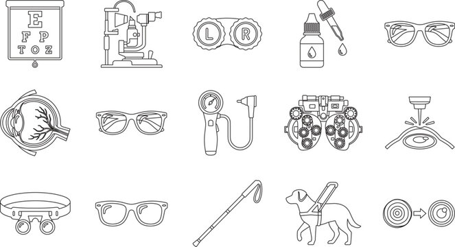 Comprehensive optometry and ophthalmology line icon set featuring snellen eye chart phoropter glasses contact lens case laser surgery eye anatomy and guide dog