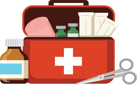 Open first aid kit vector illustration, featuring medical supplies, bandage, medicine bottles, and scissors  