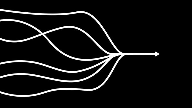 White flowing abstract lines and curves forming a dynamic wave pattern with a subtle arrow indicating direction on a stark black background Keywords: white, flowing, abstract, lines, curves