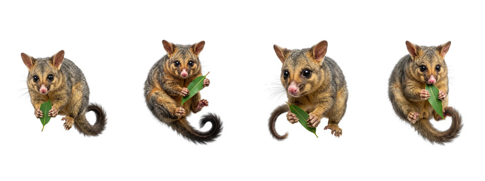 Four cute brushtail possums holding green eucalyptus leaves displayed in multiple playful poses on transparent background