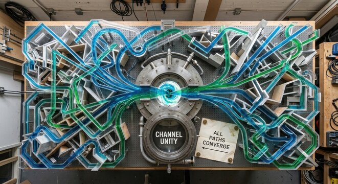 Intricate Channel Unity System with Converging Paths and Technology Elements