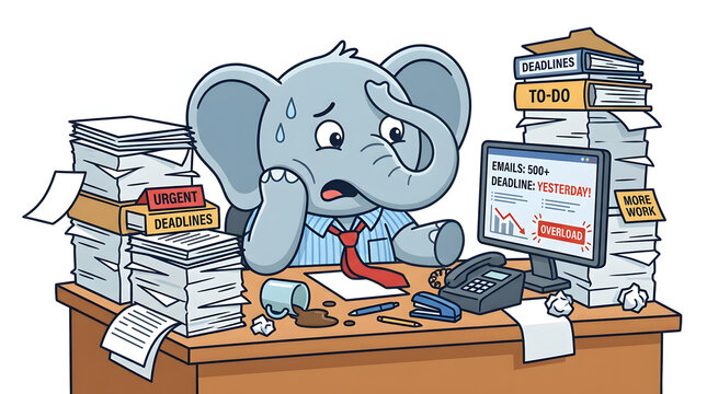 Stressed cartoon elephant working at a messy desk with piles of paper and urgent deadlines. Overwhelmed office worker vector illustration.