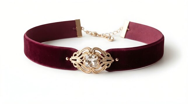 Elegant burgundy velvet choker necklace with a vintage gold filigree centerpiece isolated on white background