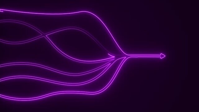 Intertwining neon purple glowing lines converging into a single arrow shape against a dark background representing data flow or convergence Keywords: neon, purple, glowing, lines, intertwining