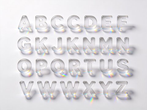 3D transparent bubble alphabet set, full uppercase A-Z letters with frosted glass texture on white background