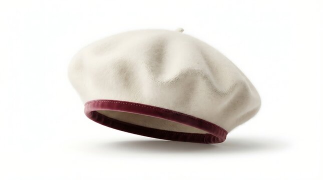 Elegant creamcolored wool beret with a deep red velvet trim isolated on white background