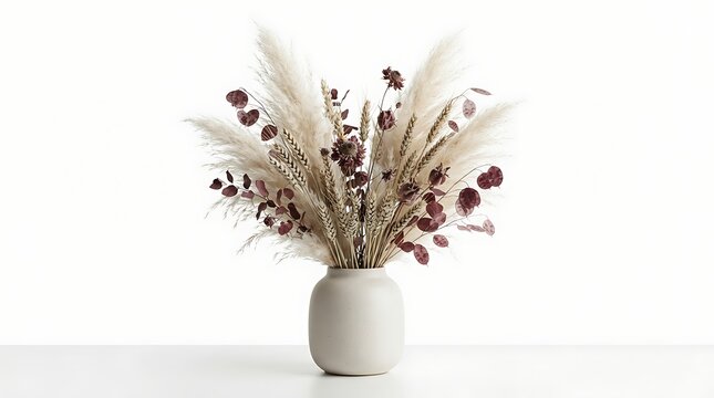 Dried flower bouquet with pampas grass and eucalyptus in a ceramic vase isolated on white background