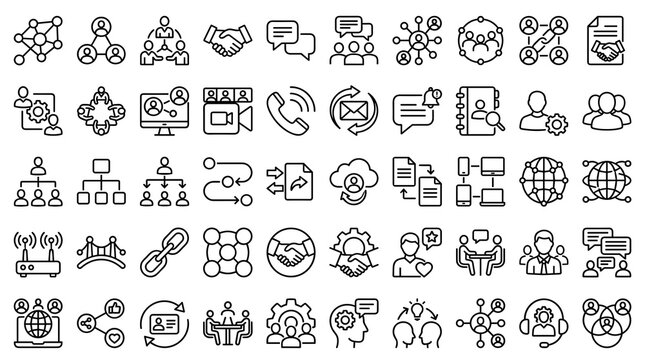 50 Networking and Collaboration Line Icons Featuring Communication Connections Business Relations Community and Social Network Vector Symbols