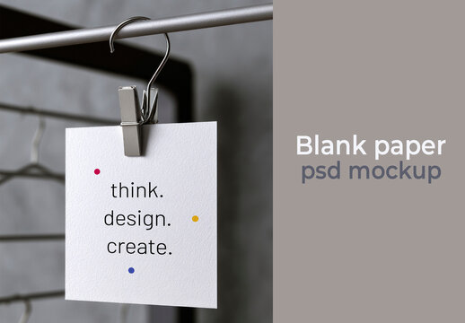 Minimal Blank Paper Mockup PSD Hanging On A Clip With Modern Typography.