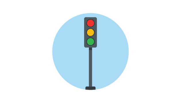 Simple traffic light icon with red yellow and green lights displayed on light blue circular background.