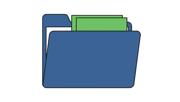 Blue office folder icon containing green paper documents sticking out representing organization and file storage on a white background.