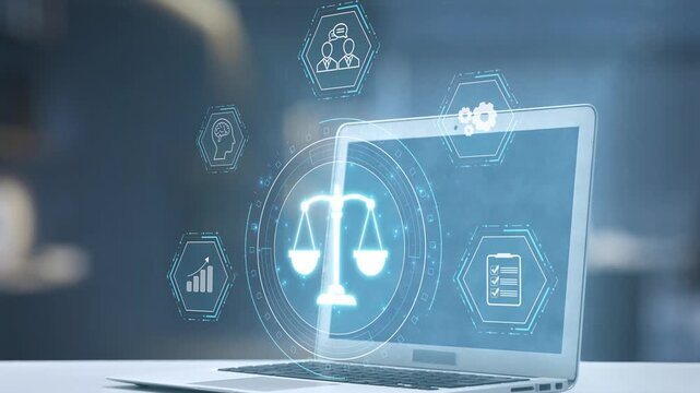 A robotic hand interacts with a laptop showing icons related to law and justice, illustrating the integration of technology in modern legal systems and ethical considerations. Salient