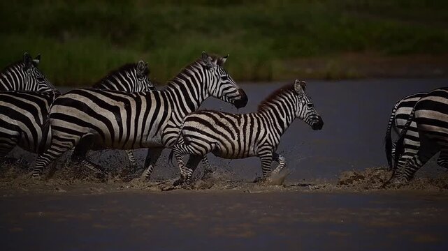 Dramatic Slow Motion: Zebra Herd Running Along the Water's Edge
