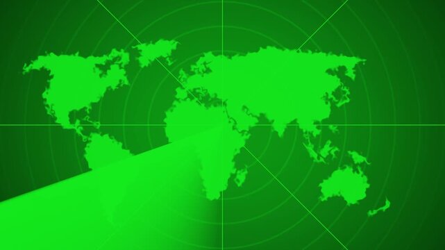 A detailed map silhouette is presented in a bright green color against a darker green background, overlaid with concentric circles and radiating lines characteristic of a radar or sonar display
