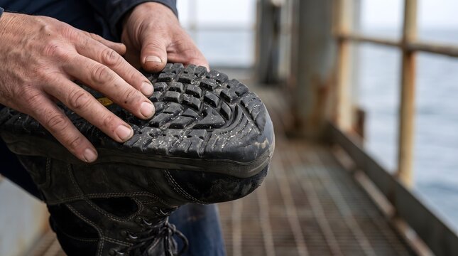 Close-up of Technician Inspecting Anti-Slip Sole on Safety Boots
