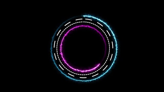 Futuristic neon blueand pink circular hud with animated dashes on black background, abstract animation circle Motion graphics of concept.