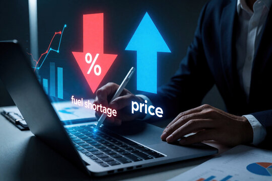 Businessman works on laptop analyzing global fuel shortage impact. Red down arrow shows energy supply drop. Blue up arrow indicates rising product price. Pro studies economic data, inflation trends,
