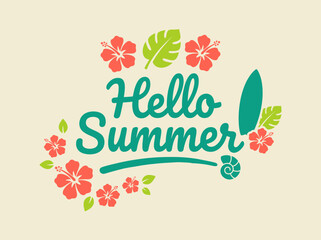 Hello Summer Tropical Illustration with Hibiscus Flowers, Monstera Leaves and Surfboard in Retro Style © Juki