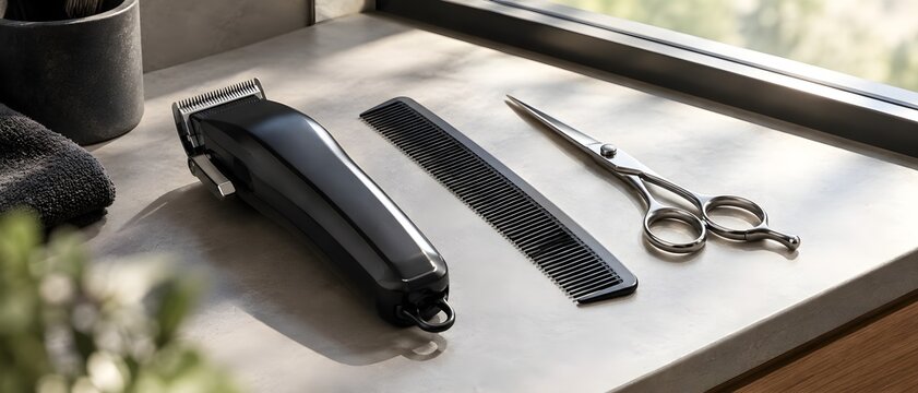 Single hair cutting machine with comb and scissors resting on clean wooden vanity