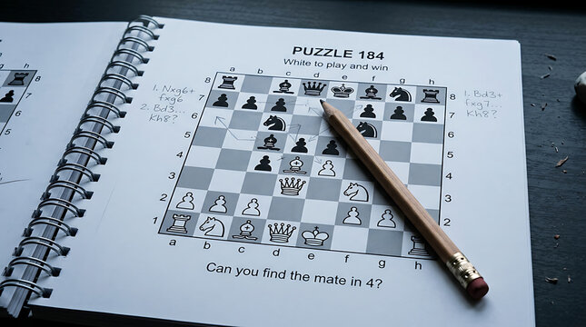 A spiral-bound chess puzzle book open on a dark wooden surface with a pencil resting across the diagram
