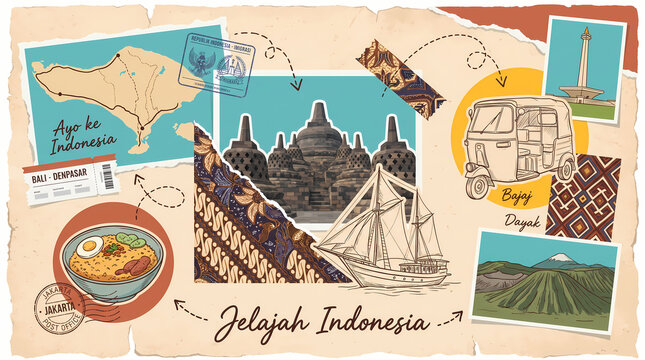indonesia travel journal collage vector illustrations of architecture batik textiles food temples maps passport stamps in terracotta turquoise yellow