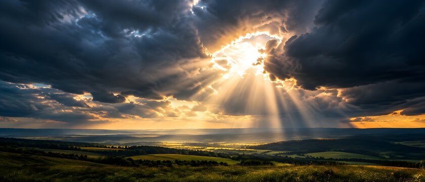 Storm-cloud flare breaking through dark clouds above open countryside