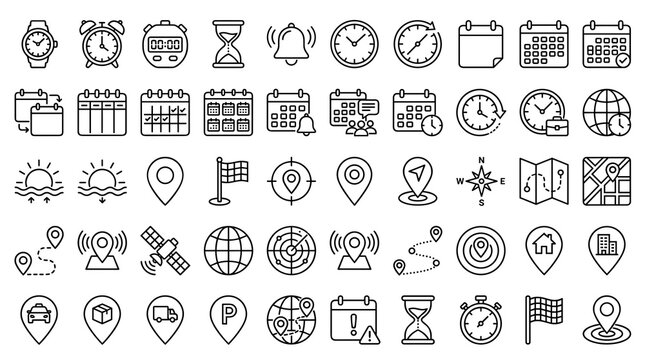 Pixel Perfect Time Calendar and GPS Line Icons Featuring Scheduling Reminders World Clocks Maps and Location Tracking