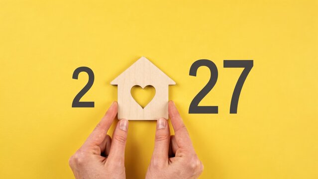 Hands holding a wooden house icon with a heart cutout between the numbers 2 and 27