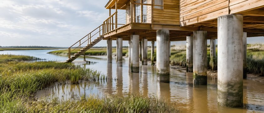 Timber-clad cabin raised on tall round concrete piers above a tidal creek with a plank stair climbing to its deck