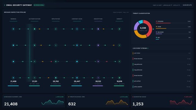 Dark 4k email security gateway dashboard scanning messages through authentication, reputation, content scan encryption stages, for cyber protection threat blocking