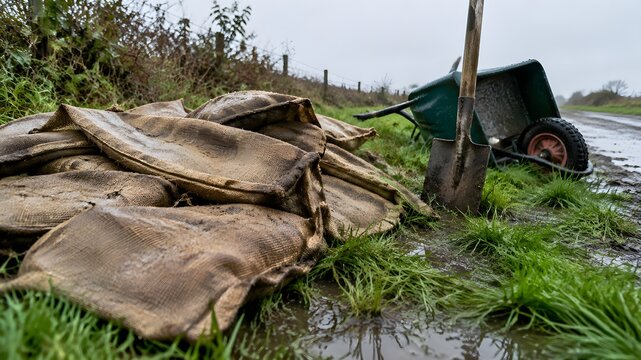 Loose heap of flattened empty hessian sandbags beside a spade on grass