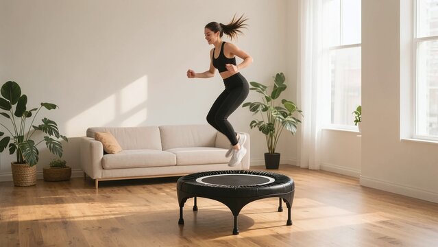 明るいリビングルームでミニトランポリンを使って楽しく自宅トレーニングに励む女性