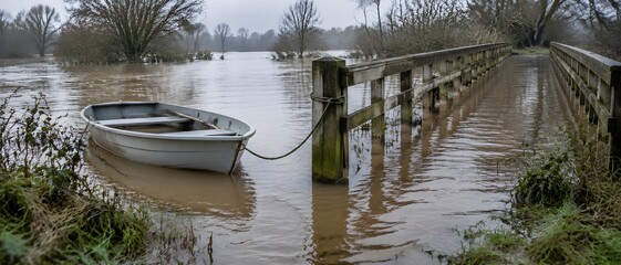 Obraz premium Small rowing boat tied with a slack line to a flooded footbridge