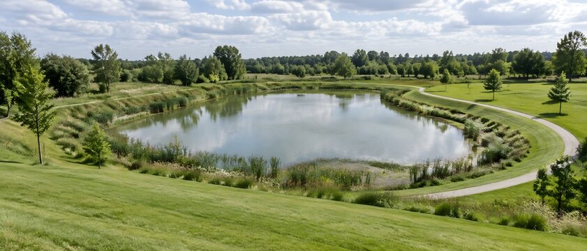 Shallow rainwater retention pond with gently sloping grass banks and a silted reed margin in a mown parkland
