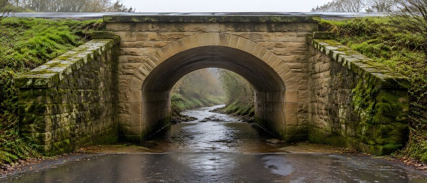 Oversized stone culvert headwall set into lane embankment with raised arched soffit and mossy wing walls