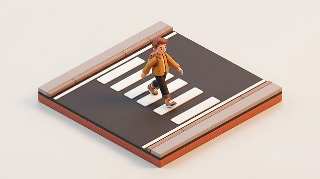 An isometric 3D render of a stylized young man character walking across a zebra crosswalk on a small road segment over a plain neutral background.
