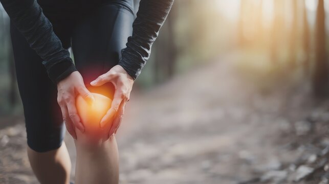 Runner experiencing knee pain on path.