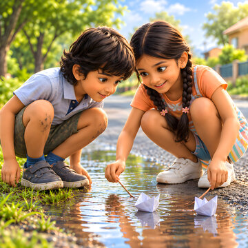 Children playing together launching paper boats in a small stream on a sunny day