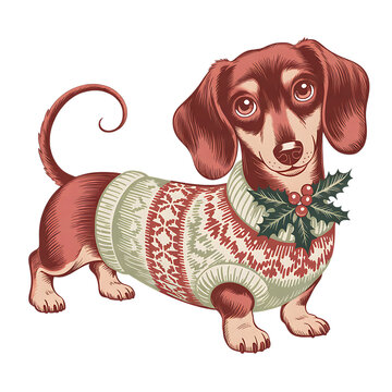Cute dachshund dog wearing a cozy winter sweater with holly berries transparent background