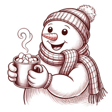 Happy snowman illustration wearing a cozy winter hat and scarf holding a warm cup of hot chocolate with marshmallows transparent background