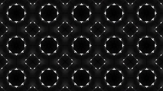 White glowing kaleidoscope pattern combines with repeating geometric dark structures, creating seamless looping symmetry for backgrounds, posters, wallpapers, and high-tech decoration.