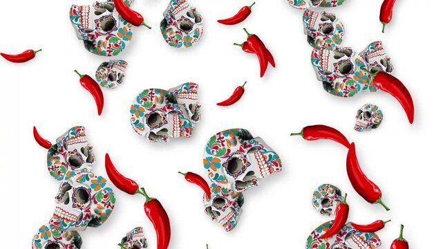 Mexican Sugar Skulls and Red Chili Peppers Falling on White Background
