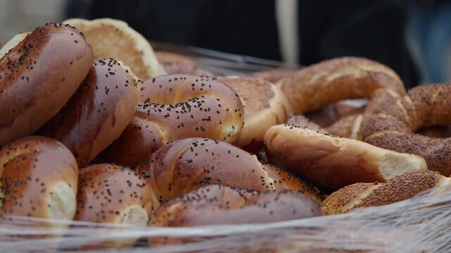 Fresh bread and baked goods displayed in a market setting