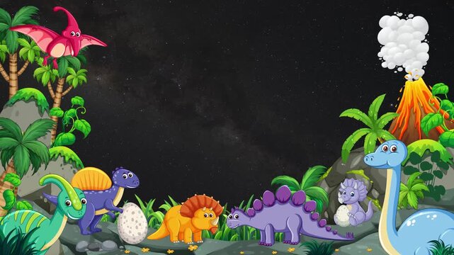 Cartoon Dinosaurs and Volcano Jungle Frame with Copy Space