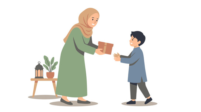 Parent Giving Eid Gift Box to Happy Child | Eidi Celebration Tradition Flat Vector Illustration